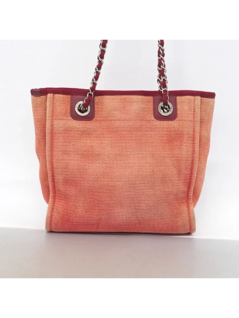 Chanel Tote Deauville Canvas Red Silver